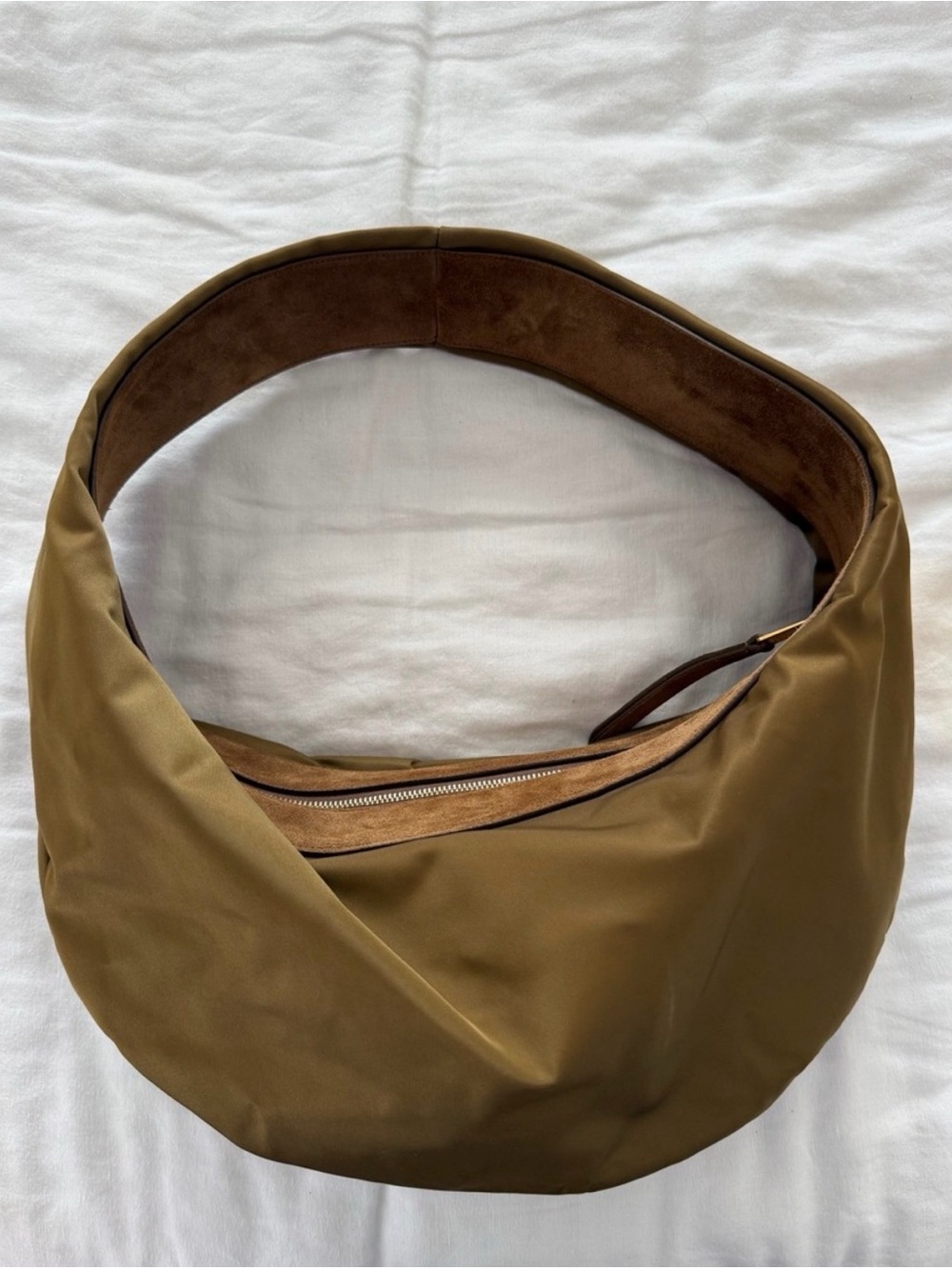 KHAITE Olivia Suede-Trimmed Crescent Shoulder Bag in Brown - Picture 2 of 6